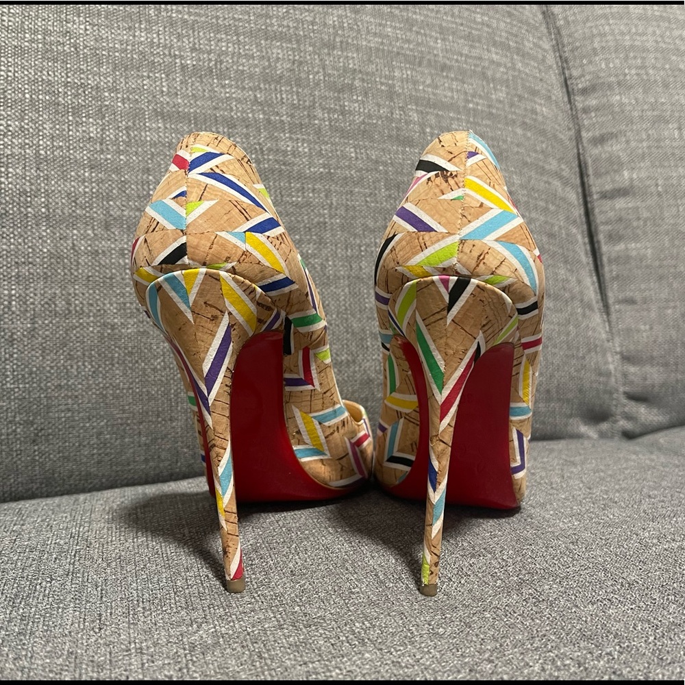 Christian Louboutin So Kate 120 Cork Heel Pumps Beige Multi Colored 36 1/2